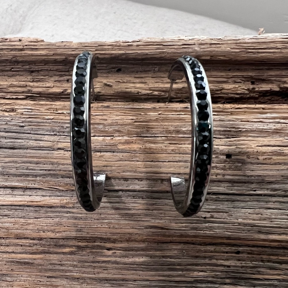 Black simulated stone hoop earrings costume jewelry